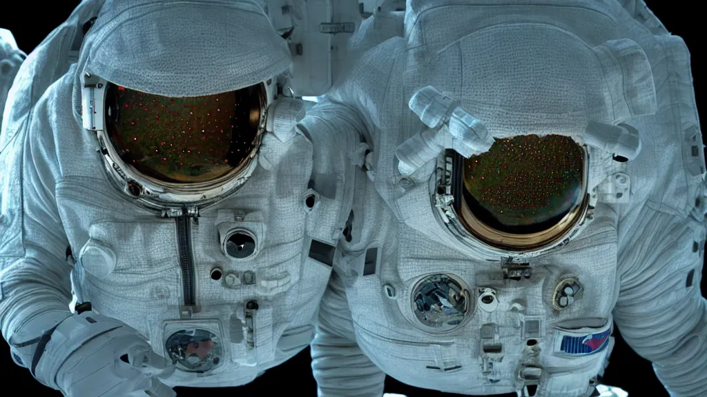 Image similar to a single astronaut eva suit covered in diamond 3d fractal lace iridescent bubble 3d skin and covered with insectoid compound eye camera lenses floats through the living room, film still from the movie directed by Denis Villeneuve with art direction by Salvador Dalí, wide lens,