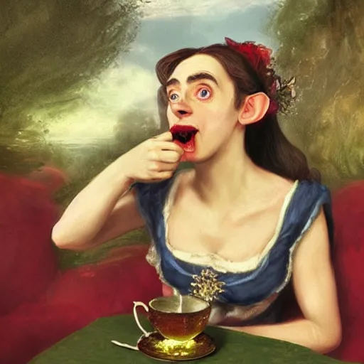 Prompt: 18th century elf princess (Mr. Bean), mouth wide open, is ((drinking a cup of tea)). fantasyconcept art, inspired by John Everett Millais's Ophelia