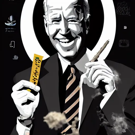 Prompt: joe biden smoking a rolled marijuana joint, amazing detail, digital art, artstation, only two hands, two arms, human, silkscreen poster