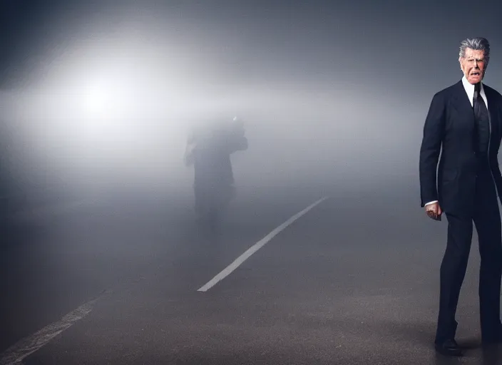Prompt: film footage of pierce brosnan as giant monster in a foggy city, eerie, 8 k, 8 5 mm f 1. 8, studio lighting, rim light, right side key light