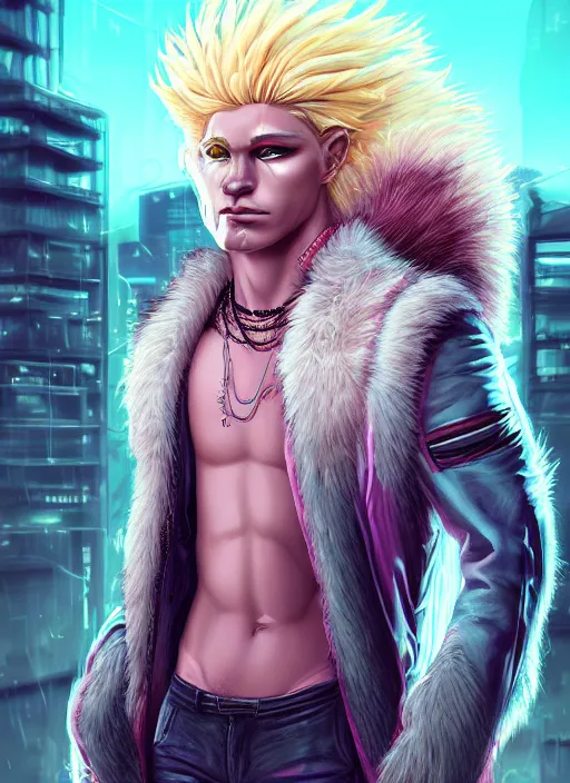 Prompt: aesthetic portrait commission of a of a male fully furry muscular anthro albino lion with a tail and a beautiful attractive hyperdetailed face wearing stylish and creative unkempt black and pink cyberpunk 2077 clothes in a sci-fi dystopian city at golden hour while it storms in the background. Character design by charlie bowater, ross tran, artgerm, and makoto shinkai, detailed, inked, western comic book art, 2021 award winning painting