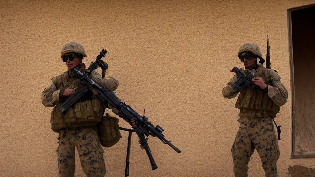 Image similar to film still of a marine soldier with a sniper rifle on his back standing in a dusty room with traditional colorful carpets on the wall in front of a sandy window. moody, grainy, 4 k, high detail, aesthetic, good composition, anatomically correct, directed by clint eastwood,