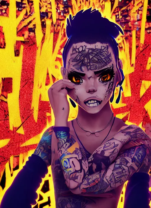 Prompt: graffiti of a streetwear anime style mixed woman wearing thick mascara, crying, a city on fire in the background, police lights shine on her face, tattoos, dark glitter, Cinestill 50d, 4k, 8k, hd, full color, octane render, trending on artstation, highly detailed