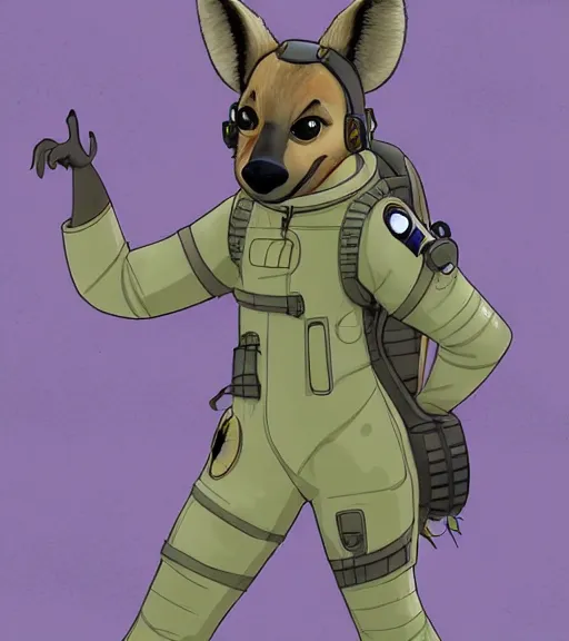 Image similar to digital detailed full body of anthromorphic female hyena, in style of zootopia, zootopia, zootopia, fursona, furry, furaffinity, 4 k, deviantart, furry art, fursona art, wearing astronaut outfit, in style of zootopia, hyena fursona, cyberpunk, female, stylized face,