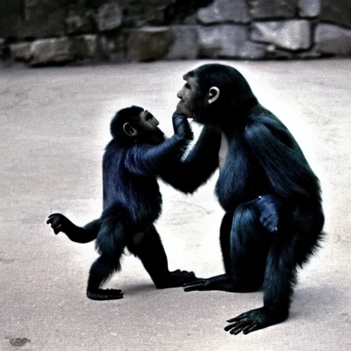 Prompt: a baby gorrila and a baby playing together, 1960s photography.