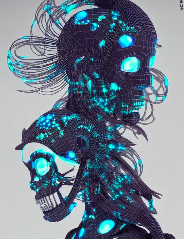 Image similar to 3 d goddess close - up profile simple portrait cybernetic with skull. beautiful intricately detailed japanese crow kitsune mask and clasical japanese kimono. betta fish, jellyfish phoenix, bio luminescent, plasma, ice, water, wind, creature, artwork by tooth wu and wlop and beeple and greg rutkowski