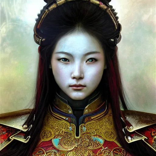 Image similar to beautiful and divine and holy and elite and colorlpunk young three kingdom chinese female armor knight portrait +shinnyy eyes+front face with light flowing hair, ultradetail face, art and illustration by tian zi and craig mullins and WLOP and alphonse mucha, fantasy, intricate complexity, human structure, human anatomy, fantasy character concept, watermark, blurry, hyperrealism 8k