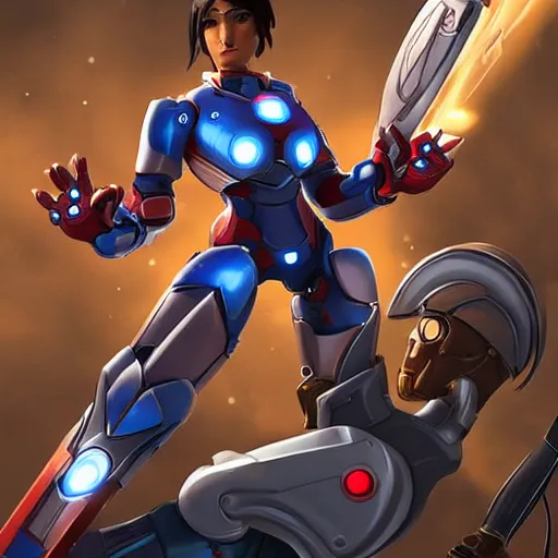 Image similar to ironman fighting pharah from overwatch