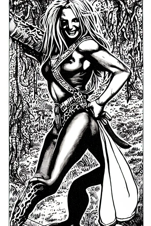 Prompt: britney spears as a d & d monster, full body, pen - and - ink illustration, etching, by russ nicholson, david a trampier, larry elmore, 1 9 8 1, hq scan, intricate details, inside stylized border