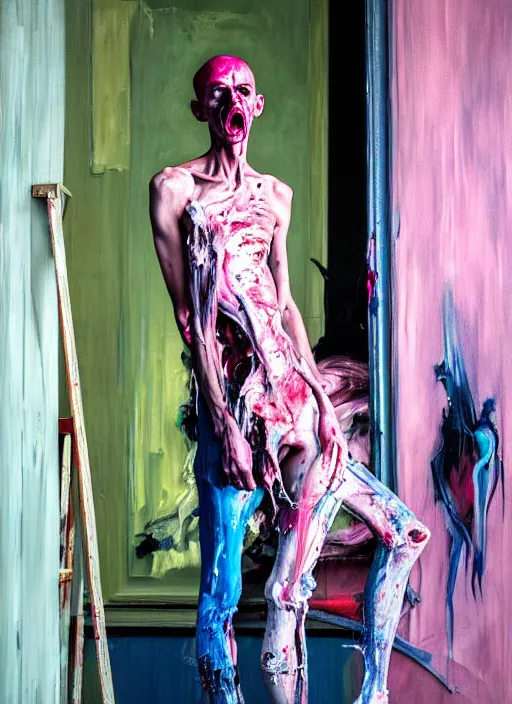 Image similar to an insane, skinny, artist wearing dirty, torn overalls, expressive painting the walls inside a grand messy studio, depth of field, hauntingly surreal, highly detailed painting by francis bacon, edward hopper, adrian ghenie, glenn brown, soft light 4 k in pink, green and blue colour palette, cinematic composition,