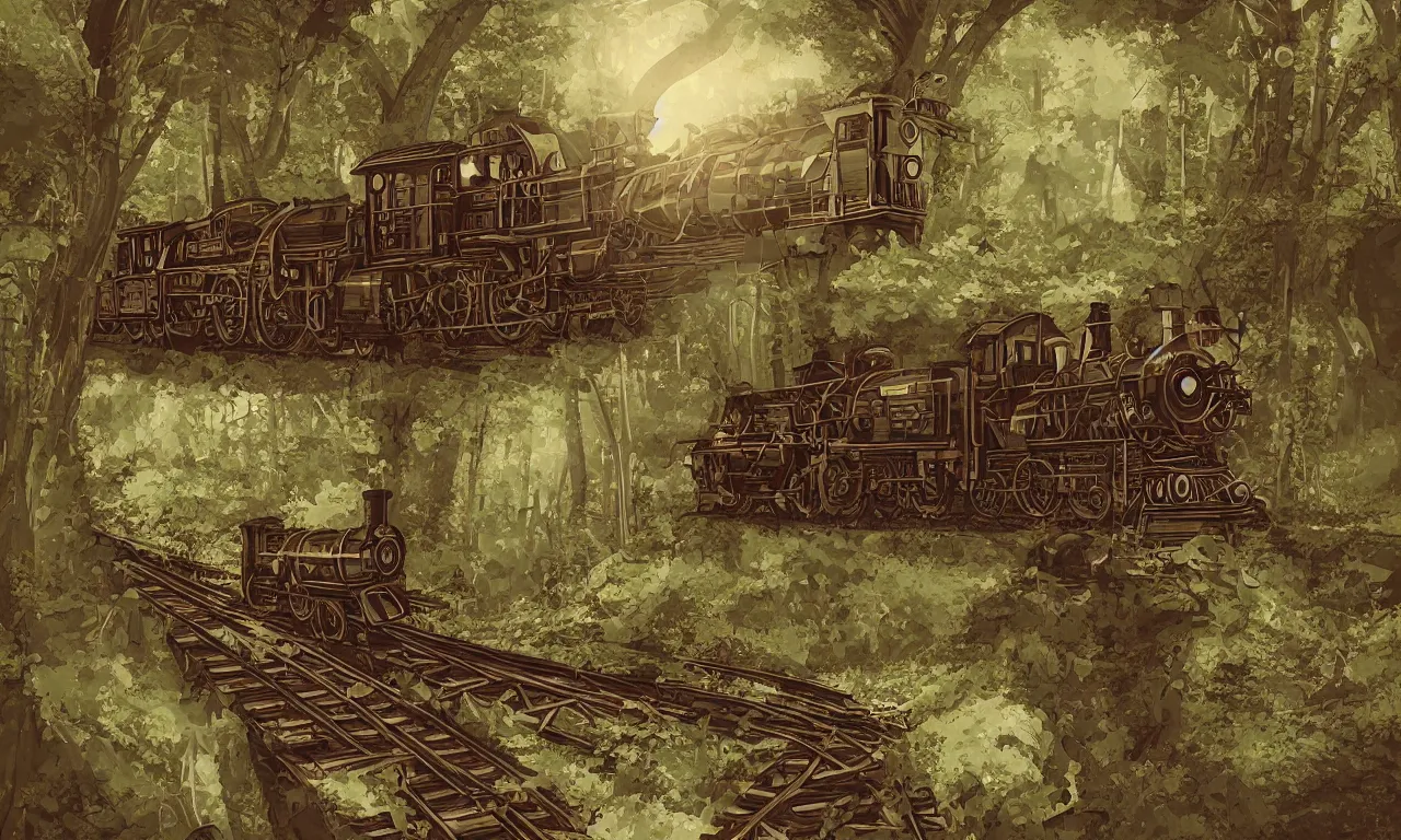 Image similar to old times train riding forested blobs, digital art, 3d, illustration