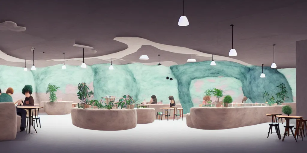 Image similar to an indoor modern cafe, watercolor and wool felting style, design by beeple, isometric style