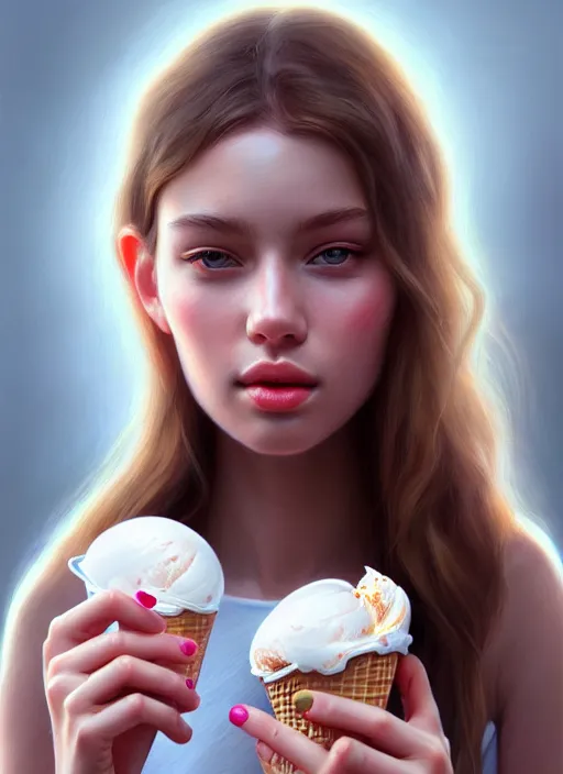 Image similar to a photorealistic detailed portrait of a beautiful girl eating ice cream, detailed, intricate, elegant, highly detailed, digital painting, artstation, concept art, smooth, sharp focus, illustration, art by greg rutkowskii 8 k