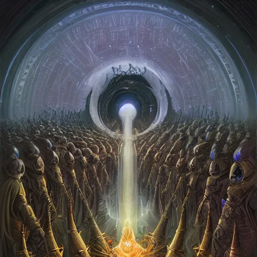 Image similar to a cylindrical quantum computer surrounded by a dark cabal of hooded elven mystics with long robes gathered in a circular formation, michael whelan art, dan seagrave art, cgsociety, artstation, epic scifi fantasy art