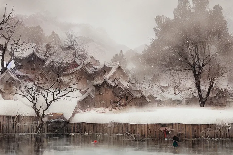 Image similar to a big mean goose, chinese village, trees, school, snow and winter watercolor, artastation ， soft lighting. by wenjun lin, tony sandoval