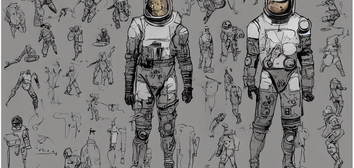 Prompt: male, full body, space suit with a modern helmet, character sheet, block shapes, science fiction, very stylized, character design, pen and ink, digital painting, watercolor wash, by mike mignola, by alex maleev, jean giraud