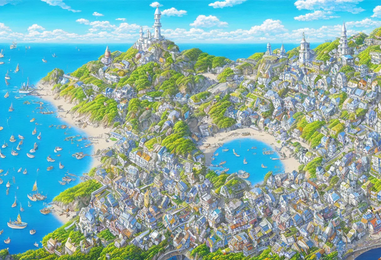 Image similar to a beautiful ultradetailed painting of a seaside town, sunny, close shot, studio ghibli sunlight, archdaily, wallpaper, highly detailed, trending on artstation