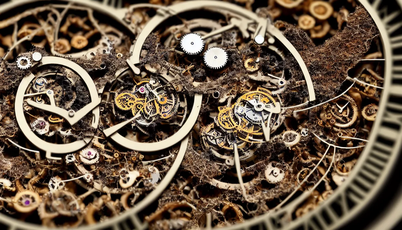 Image similar to detailed view from inside a clockwork watch, entangled roots covered in mushrooms, cracked earth, living spore microorganisms, decaying, rusty, hyper realistic photo, full colour, upscale, 8 k