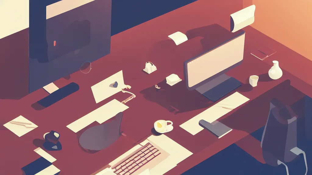 Prompt: stylized retro minimalist design of the desk of a famous web designer working with apple computer, loftis, cory behance hd, by moebius, makoto shinkai and lois van baarle, ilya kuvshinov, rossdraws global illumination