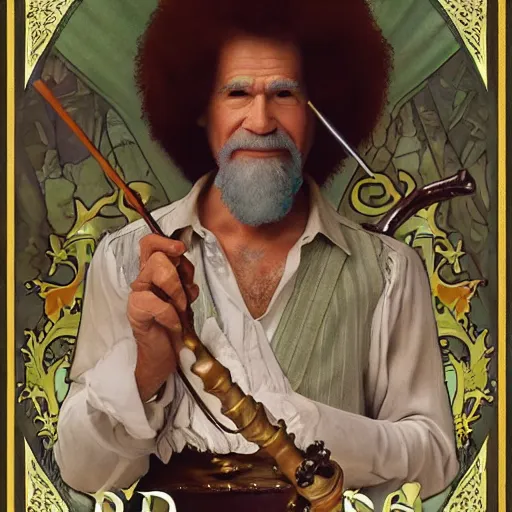 Image similar to an ultra detailed tarot card of bob ross smoking a pipe and dressed as a fantasy bard, d & d, epic fantasy, concept art by alphonse mucha and greg rutkowski, octane render, 8 k, detailed face