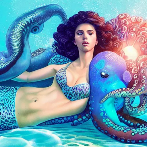 Image similar to lofi underwater mermaid portrait of scarlett johansson in swimsuit with a giant octopus, Pixar style, by Tristan Eaton Stanley Artgerm and Tom Bagshaw.