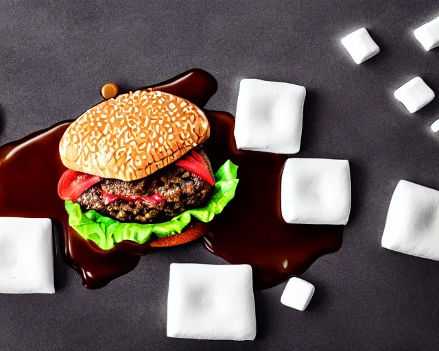 Image similar to dslr food photograph of burger with some marshmallows in it, some chocolate sauce, 8 5 mm f 1. 4