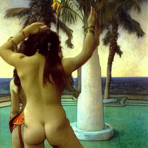 Image similar to Demon girls at the giant column, thunderstorm, greek pool, beach and palm trees on the background major arcana sky, by paul delaroche, alphonse mucha and arnold böcklin arnold böcklin hyperrealistic 8k, very detailed