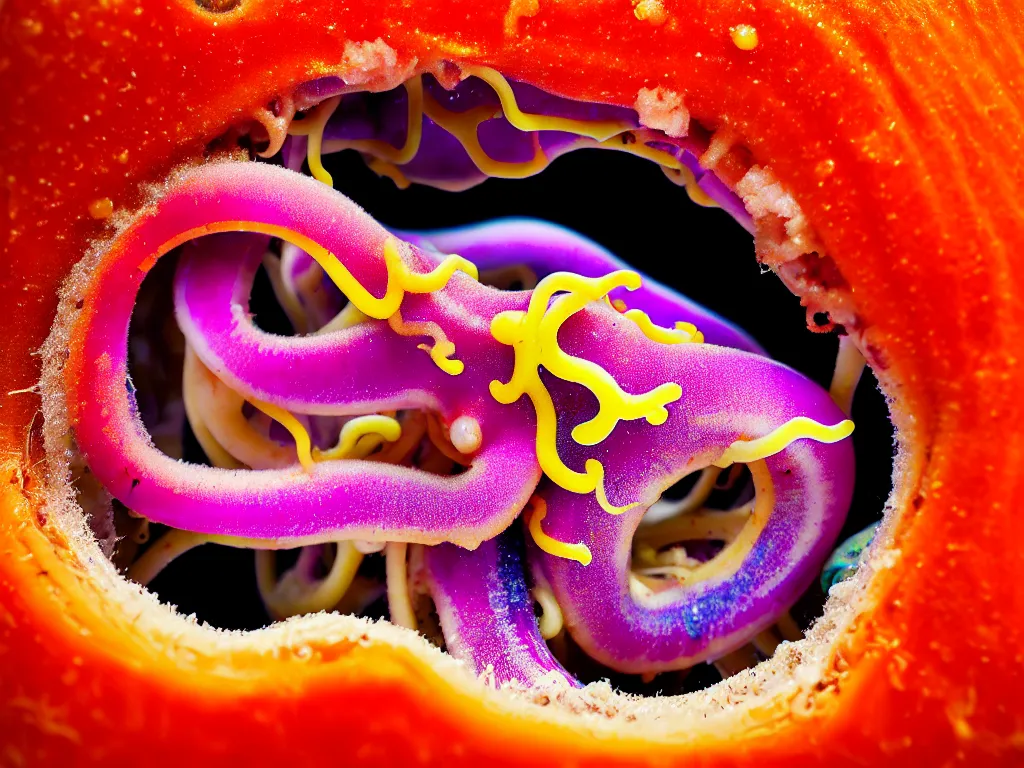 Image similar to a perfect portrait of a cross section of a squid with tiny humans burrowing wormlike through its juicy interior. macro extreme, eye popping wet colours.