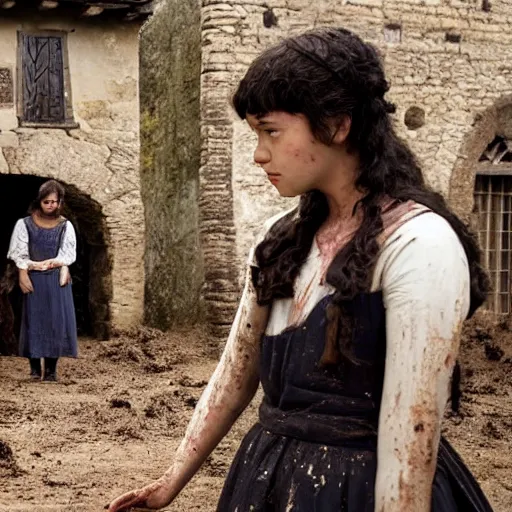 Image similar to a young girl of 1 5 years with black hair in a muddy medieval village square has raised her father from the dead to protect her from angry villagers