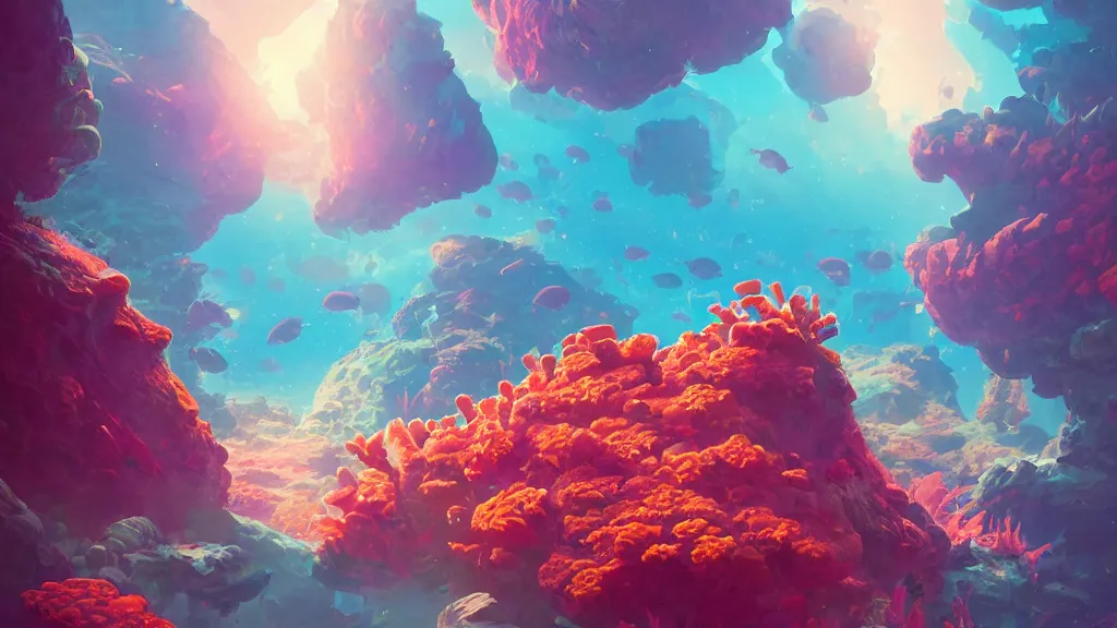 Image similar to ancient alien planet covered in colorful coral reefs and fish swimming around them, by sylvain sarrailh, rossdraws, ambient light, ultra detailed, fantasy artwork, 8 k, volumetric lighting, trending on artstation, award winning, beautiful scenery, very beautiful.