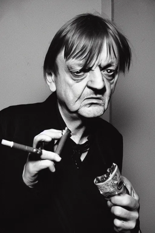 Prompt: highly detailed photo of Mark E Smith, smoking a cigarette