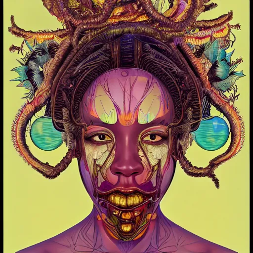 Image similar to the anatomical face of a ridiculously beautiful and pretty black woman partially made of onion rings of all colors looking up, an ultrafine detailed illustration by james jean, final fantasy, intricate linework, bright colors, behance contest winner, vanitas, angular, altermodern, unreal engine 5 highly rendered, global illumination, radiant light, detailed and intricate environment