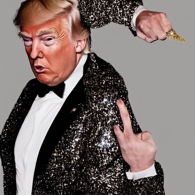 Prompt: donald trump dressed in ladies glitter suit, in nightlife, beautiful, photorealistic, hyperrealistic, highly detailed, close - up, high resolution, 4 k