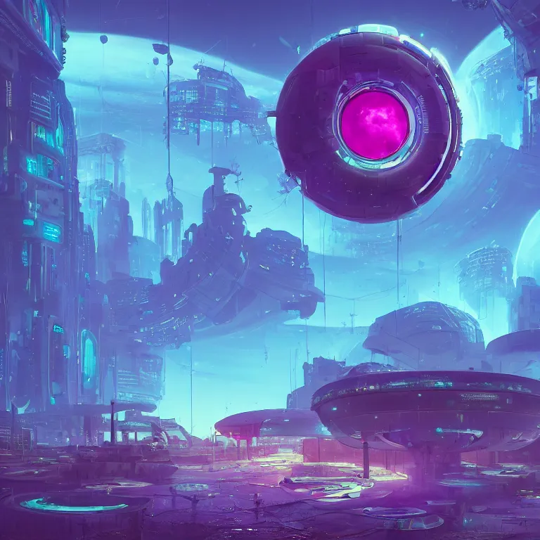 Image similar to a circle portal structure floating in space, cyberpunk, epic surrealism, indigo, purple, cyan, detailed digital matte painting in the style of simon stalenhag and painting by ralph mcquarrie