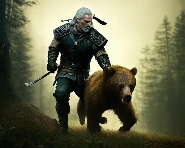 Image similar to 5 5 mm portrait photo of geralt fighting a demonic bear. magical atmosphere. art by greg rutkowski. highly detailed 8 k. intricate. lifelike. soft light. nikon d 8 5 0.