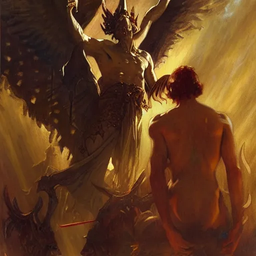 Image similar to attractive male lucifer morningstar casting a spell summoning male demons, they rise from down bellow. highly detailed painting by gaston bussiere, craig mullins, j. c. leyendecker, 8 k