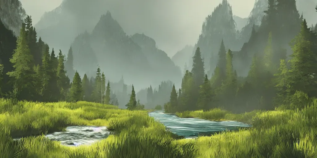 Image similar to A wild river with mountains and forests surrounding it. In the style of game called inside. Detailed