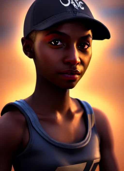 Image similar to An epic fantasy comic book style portrait painting of a young dark skinned girl with short hair dressed as a boy in a cap, unreal 5, DAZ, hyperrealistic, octane render, cosplay, RPG portrait, dynamic lighting