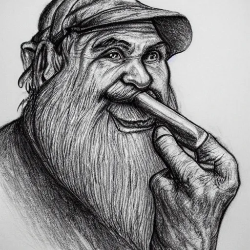 Image similar to dwarves miner digging through his nose looking for gold pencil drawing