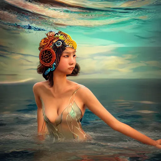 Image similar to kawaii puerto rican goddess swimming in the ocean wearing a bespoke headdress designed by emma yeo made of circuitry, inspired by cameron gray, wlop, stanley kubrick, masamune, unique perspective, photorealistic, intricate foreground, dof, trending on artstation, 3 d render, vivid
