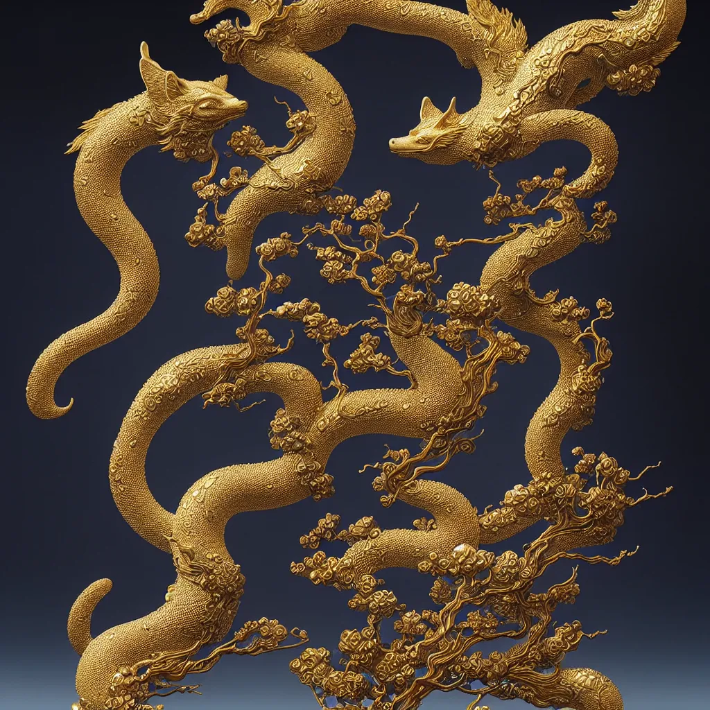 Prompt: a photo - real delicate iridescent ceramic porcelain sculpture of an ornate detailed kitsune by victo ngai and takato yamamoto, backlit lighting, subsurface scattering, translucent, thin porcelain, octane renderer, dark blue and gold and black, physically based rendering, trending on cgsociety