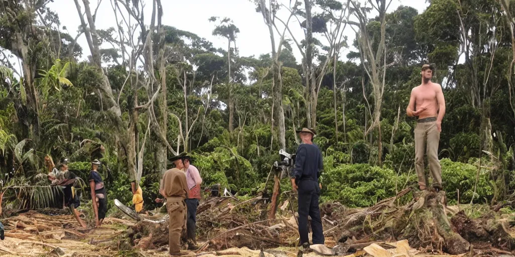 Image similar to bbc tv presenter louis theroux interviewing men cutting down extremely large kauri trees. great barrier island, 1 9 3 0 s tv show. beach with large boulders in background. nikau palms.