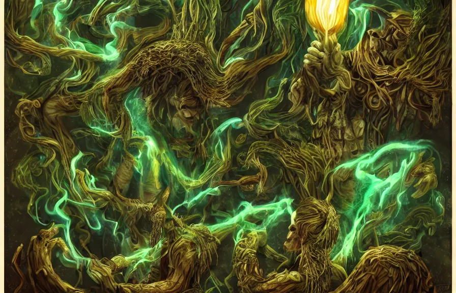 Image similar to shaman, summoning fire / water / light, out of bones / fern / light, green man, misty forest, glowing fungus, cinematic, golden ratio, wavy are the most prompts i used + plenty of variations for building up the details