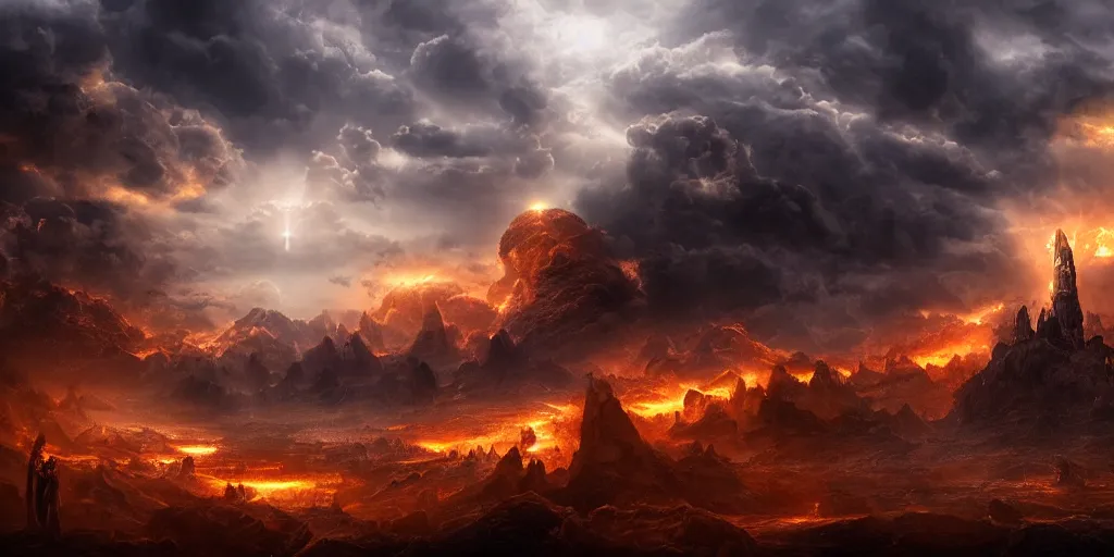 Prompt: an epic matte painting of heaven versus hell, master shot, massive, cinematic lighting, soft render, symmetrical, clouds, darkness, 8 k, ultra high quality