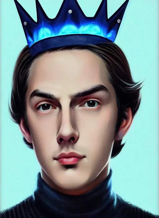 Image similar to portrait of teenage jughead jones wearing a light grey crown, crown, blue turtleneck, 1 9 5 0 s, closed eyes, photorealistic, black hair, glowing lighting, intricate, elegant, glowing lights, highly detailed, digital painting, artstation, concept art, smooth, sharp focus, illustration, art by wlop, mars ravelo and greg rutkowski