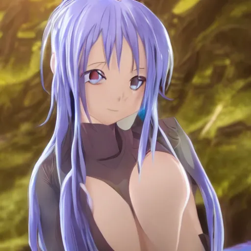 Image similar to rimuru tempest from that time i got reincarnated as a slime, with long blue hair in a ponytail, with bangs, pale skin, yellow eyes, fully clothed in red robes, highly detailed, 8 k, octane render, trending on pixiv, realistic, volumetric lighting, rippling water, sprites, god rays,