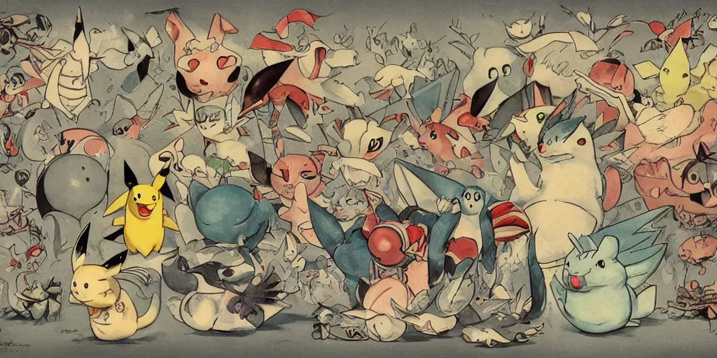 Prompt: a mug withan image of a whimsical storybook illustration of pokemon, 1 9 5 0 s japan, designed by jean baptiste monge but in lowbrow pop art style, high resolution, fine details, muted colors m