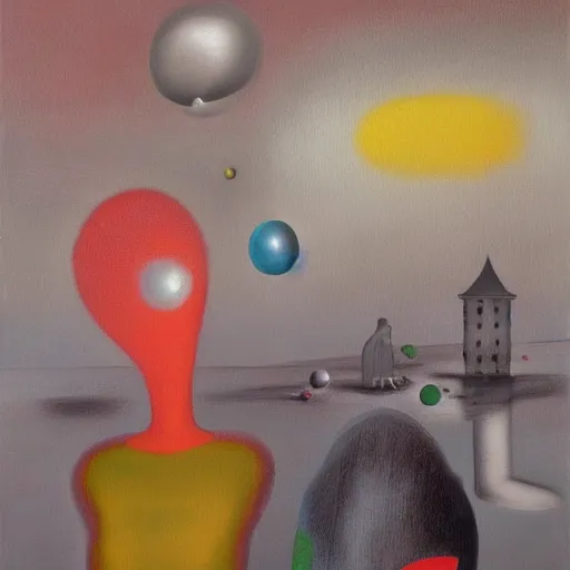 Image similar to Oil painting by Yves Tanguy. Mechanical gods with bird faces kissing. Oil painting by Lisa Yuskavage.