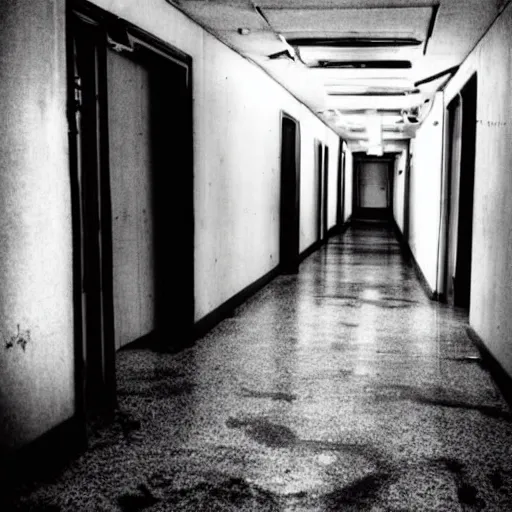 Prompt: decrepit hospital hallway, blurry shadow figure peeking through a corner, craigslist photo