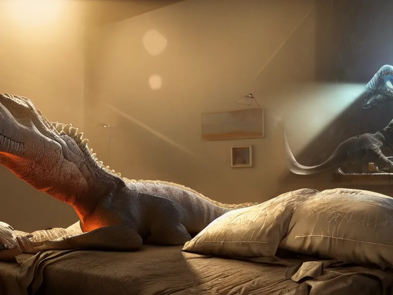 Image similar to sleeping!!!!! dinosaur laying on bed!!!!!, ultra realistic, lens flare, atmosphere, glow, detailed, intricate, full of colour, cinematic lighting, trending on artstation, 4 k, hyperrealistic, focused, extreme details, unreal engine 5, cinematic, masterpiece